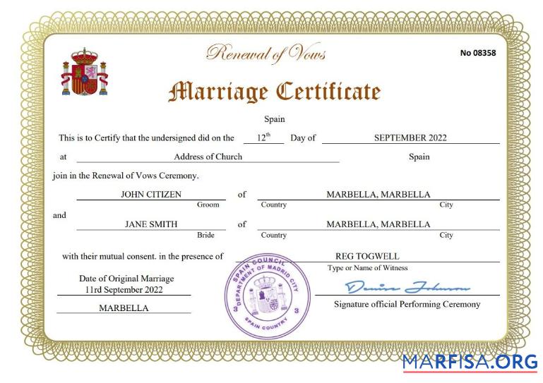 Blank Spain marriage certificate Word and PDF template